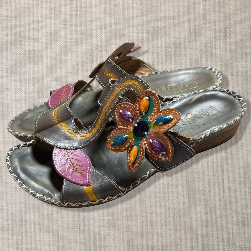 Spring Step L’Artiste Floral Leather Sandals Size 38 Jeweled Boho Artisan